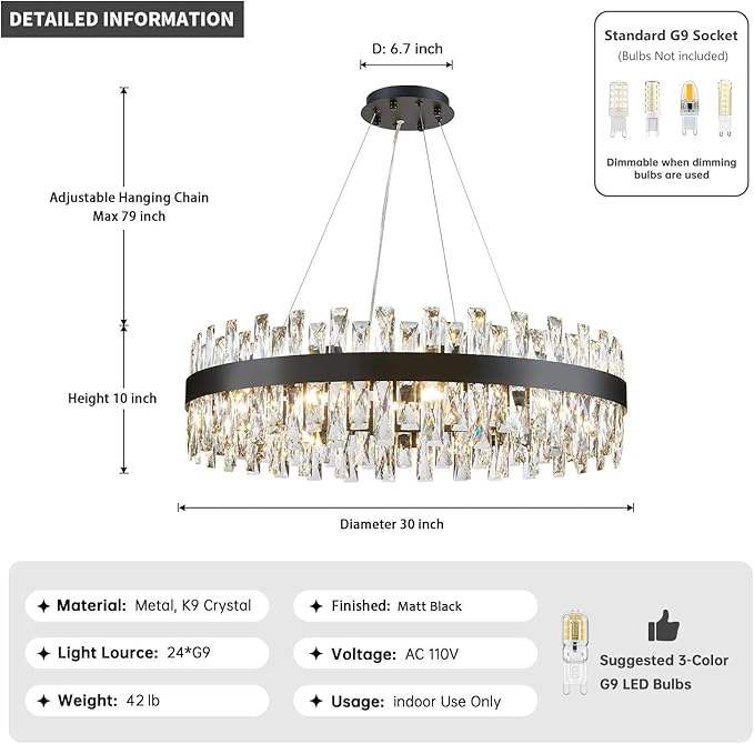 Modern Black Crystal Chandelier Lights, Round K9 Crystal Raindrop Chandelier, Pendant Ceiling Light for Dining Living Room Bedroom Entryway, Diameter 30 inches