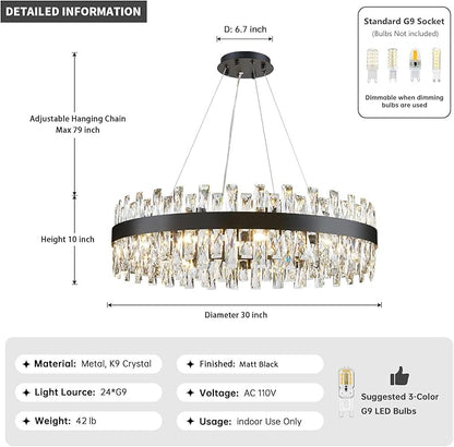 Modern Black Crystal Chandelier Lights, Round K9 Crystal Raindrop Chandelier, Pendant Ceiling Light for Dining Living Room Bedroom Entryway, Diameter 30 inches