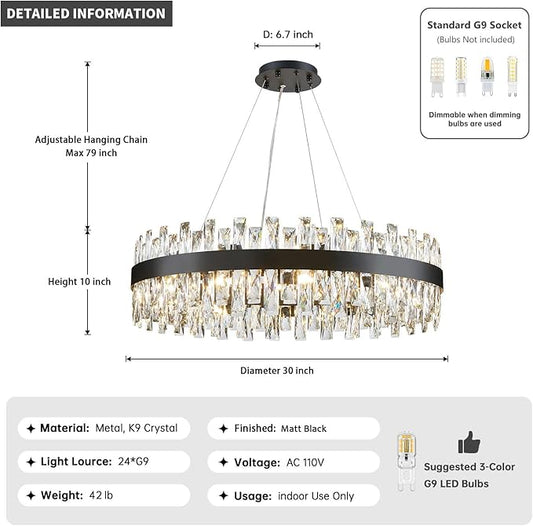 Modern Black Crystal Chandelier Lights, Round K9 Crystal Raindrop Chandelier, Pendant Ceiling Light for Dining Living Room Bedroom Entryway, Diameter 30 inches