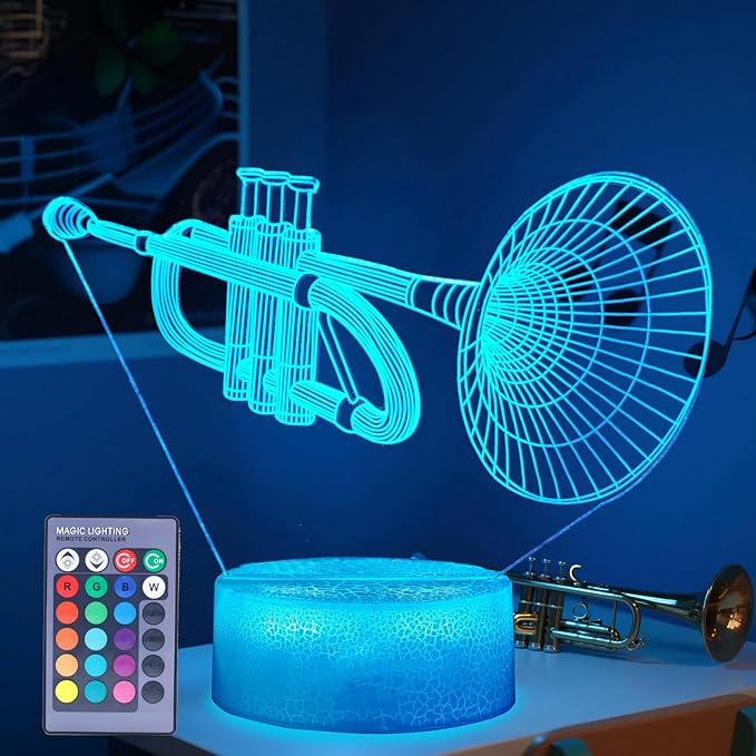 Trumpet Night Light, Trumpet Gifts, 3D Illusion Lamp with 16 Colors Changing, Timer, 4 Flash Modes and Dimmable, Kids Boys Girls Room Decoration, Holiday Xmas Gifts
