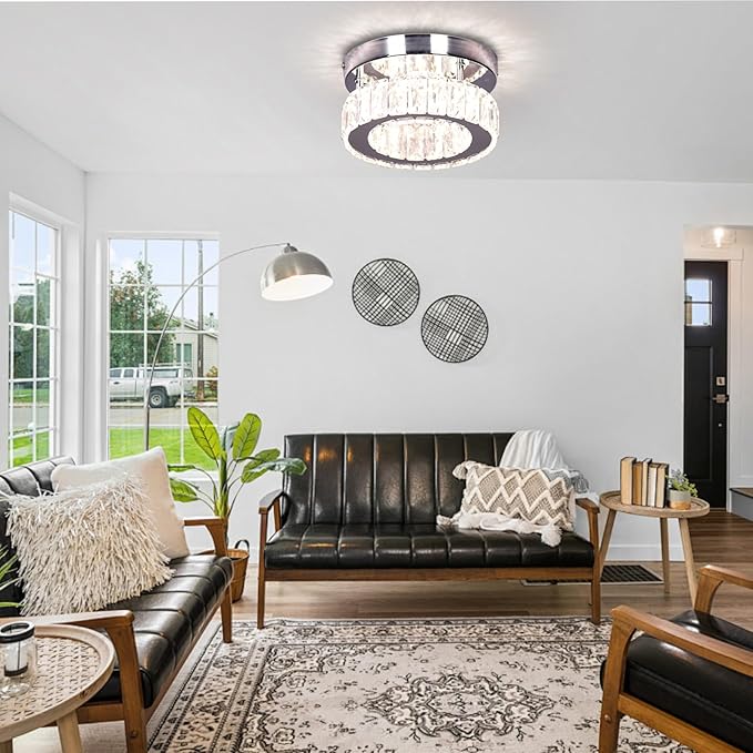 7.8" Crystal Chandelier Modern LED Mini Flush Mount Ceiling Light Fixtures Dimmable with Remote K9 Crystal Round Small Chandeliers for Hallway Bedroom Kitchen