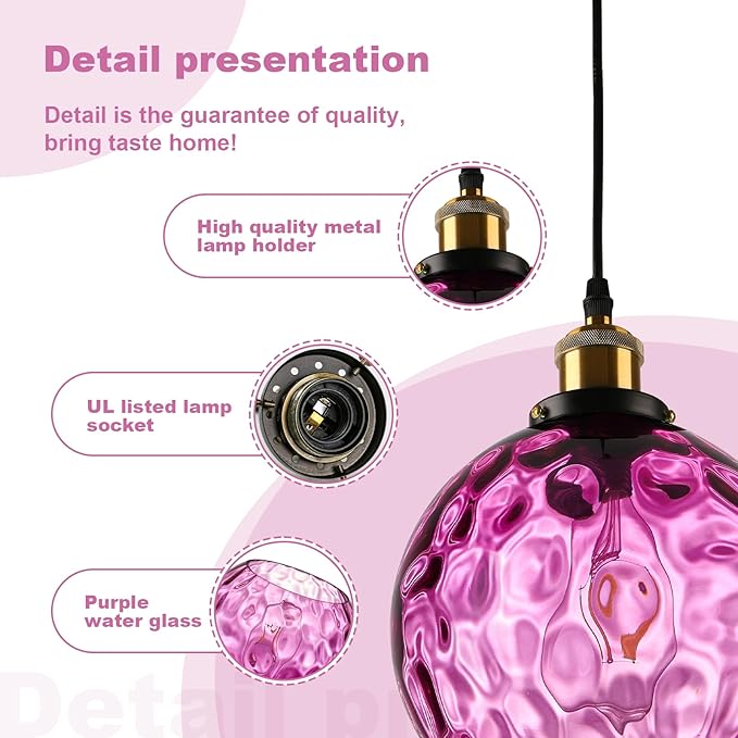 Corner Pendant Light Plug in, Hanging Chandeleir with Plug in Cord, Hand Blown Purple Water Ripple Glass Globe, Bohemian Bedroom Living Room Hanging Lamp Ambient Lighting for Reading Nook