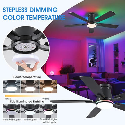Surtime 52" Ceiling Fans with RGB Lights-Low Profile Ceiling Fan with Light and Remote/APP Control,Flush Mount,DC Reversible,LED Dimmable Black Ceiling Fans for Bedroom,Indoor/Outdoor Patio Use