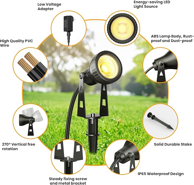 Zuske Outdoor Landscape Lighting, 8-Pack Low Voltage LED Spot Lights with Transformer, Waterproof IP65 Outdoor Landscape Lights for Garden, Yard, Backyard, Lawn, Trees, House, Flags – Warm White