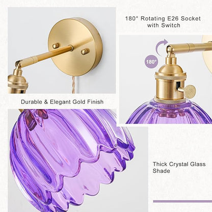 Plug in Wall Sconces Set of 2, Vintage Wall Sconce Light with Tulip Purple Glass Lampshade, Bedroom Wall Sconce with Switch and Plug in wall lamp Cord, Gold Wall Light Wall Decor Set of 2