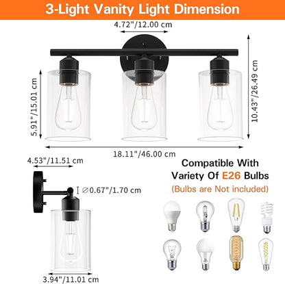Bathroom Vanity Light Fixtures Matte Black Bathroom Lighting Fixture, 3 Lights Bathroom Light Fixture Over Mirror, Modern Black Vanity Light, UL Certified Wall Sconces with Glass Shades