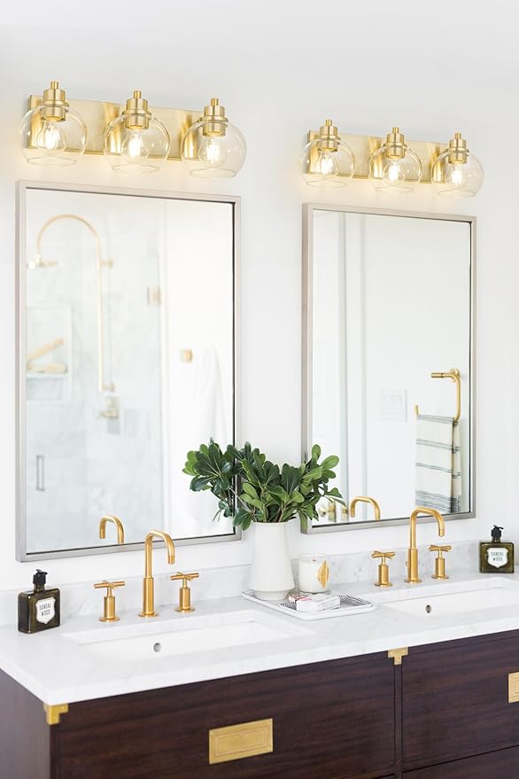Tuscarora Bathroom Light Fixtures Gold Vanity Light 3 Light Wall Sconces Lighting Brushed Brass Bathroom Lights Bath Wall Lights Wall Lamp for Mirror (Brushed Gold & Clear Glass)