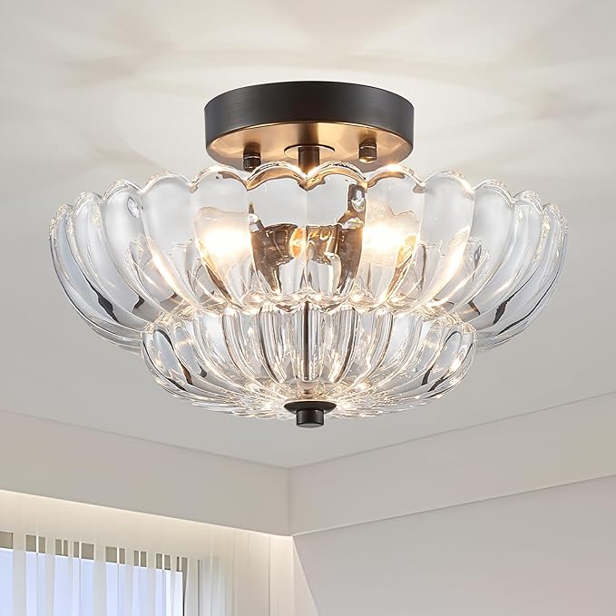 XINGQI 11.8" Semi Flush Mount Ceiling Light Fixture Modern Black 3-Light Scalloped Glass Close to Ceiling Lighting for Living Room Entryway Bedroom Closet Hallway (Bulb Not Included)