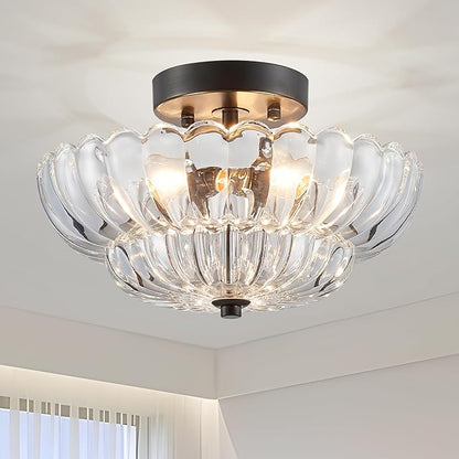 XINGQI 11.8" Semi Flush Mount Ceiling Light Fixture Modern Black 3-Light Scalloped Glass Close to Ceiling Lighting for Living Room Entryway Bedroom Closet Hallway (Bulb Not Included)