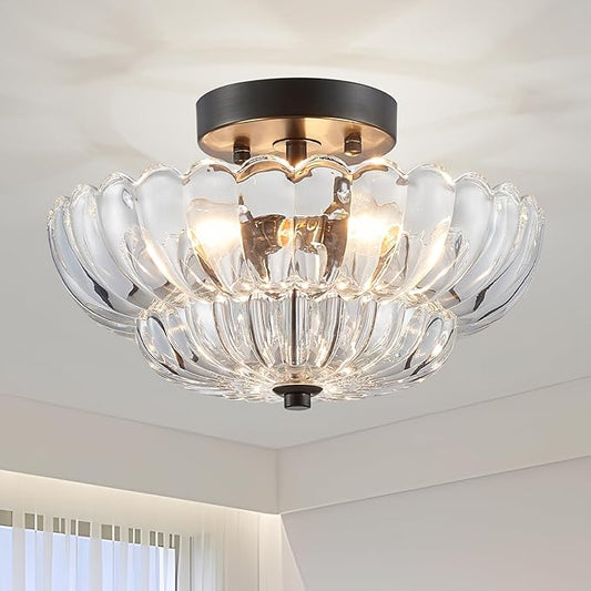 XINGQI 11.8" Semi Flush Mount Ceiling Light Fixture Modern Black 3-Light Scalloped Glass Close to Ceiling Lighting for Living Room Entryway Bedroom Closet Hallway (Bulb Not Included)