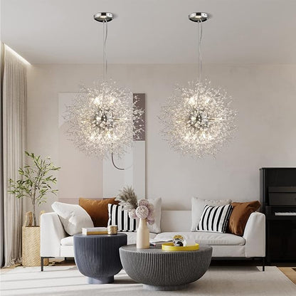 Modern Crystal Chandeliers Firework, 12-Light Chrome Stainless Steel Sputnik Chandelier, 21.6" Dandelion Pendant Ceiling Light Fixture for Bedroom Dining Room