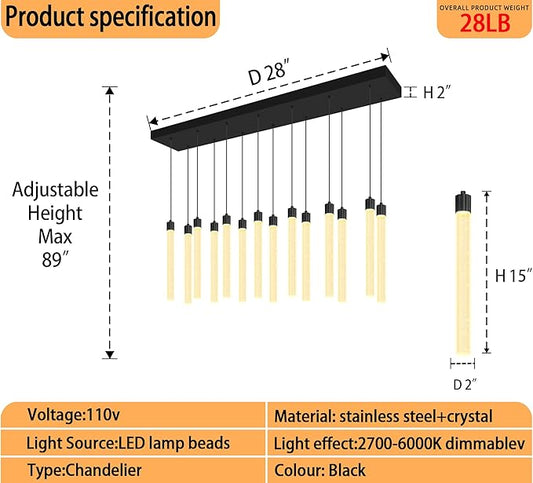 Modern Rectangular Crystal Chandelier for Dining Room LED Dimmable Pendant Light Kitchen Island Entrance Foyer Living Room Adjustable Height 14-Lights Black