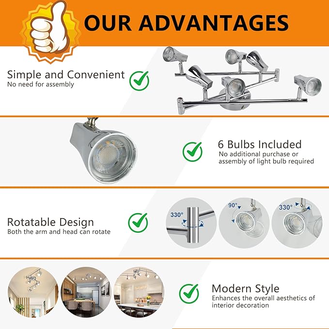 DLLT Modern LED Track Lighting Kit-6 Lights Adjustable Decorative Track Light Fixture, 6 Way Flush Mount Ceiling or Wall Spotlight for Kitchen, Dining Room, Hallway, Bedroom, Warm Light, Silver