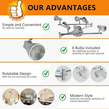 DLLT Modern LED Track Lighting Kit-6 Lights Adjustable Decorative Track Light Fixture, 6 Way Flush Mount Ceiling or Wall Spotlight for Kitchen, Dining Room, Hallway, Bedroom, Warm Light, Silver