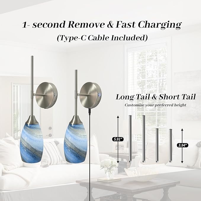 Brushed Nickel Wireless Battery Operated Wall Sconces Set of 2, Rechargeable Wall Light with Touch & Remote Control, Dimmable 3000K–6000K, Hand-Blown Glass Shade for Bedroom Living Room