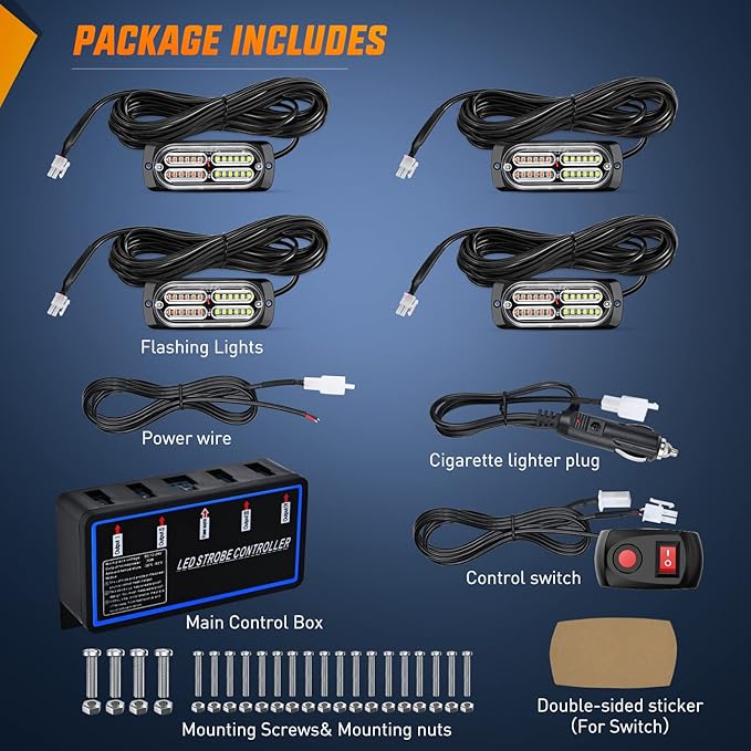 Nilight 4PCS LED Strobe lights 12V Sync Feature Amber White 24LED Emergency Hazard Warning Lights with Controller Hard Wire or Cigarette Lighter Plug for Car Truck RVs Campers