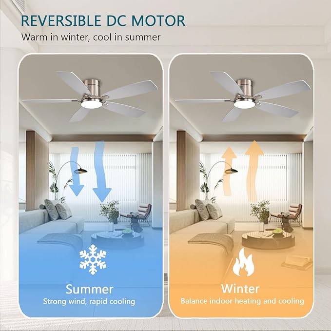 Ayaoty 52 Inch Low Profile Ceiling Fans with Lights and Remote, Flush Mount Modern Ceiling Fan, 3CCT Dimmable DC Ceiling Fan for Bedroom, Living Room, Brushed Nickel