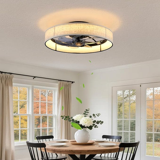 XUDOM19.6 Farmhouse Low Profile Flush Mount Ceiling Fan with Light and Remote,Fabric Bladeless Caged Fandelier with APP Control 6 Speed DC Motor,Timer,LED Dimmable for Bedroom,Living Room