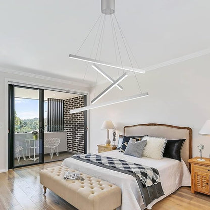 Modern 4-Light Dimmable LED Linear Chandelier Pendant Light, 6000K Cool White Adjustable Hanging Lighting Fixture for Kitchen Island, Dining Room, Office, Silver Metal Commercial Home Lighting