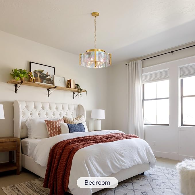 Modern Round Chandeliers for Dining Room: 4-Light Brushed Gold Drum Lights Entryway Light Fixture Hanging - kitchen Chandelier Over Table - Stained Glass Lamp for Bedroom Living Room Foyer Bathroom
