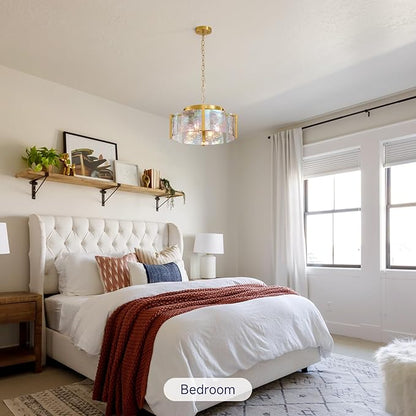 Modern Round Chandeliers for Dining Room: 4-Light Brushed Gold Drum Lights Entryway Light Fixture Hanging - kitchen Chandelier Over Table - Stained Glass Lamp for Bedroom Living Room Foyer Bathroom