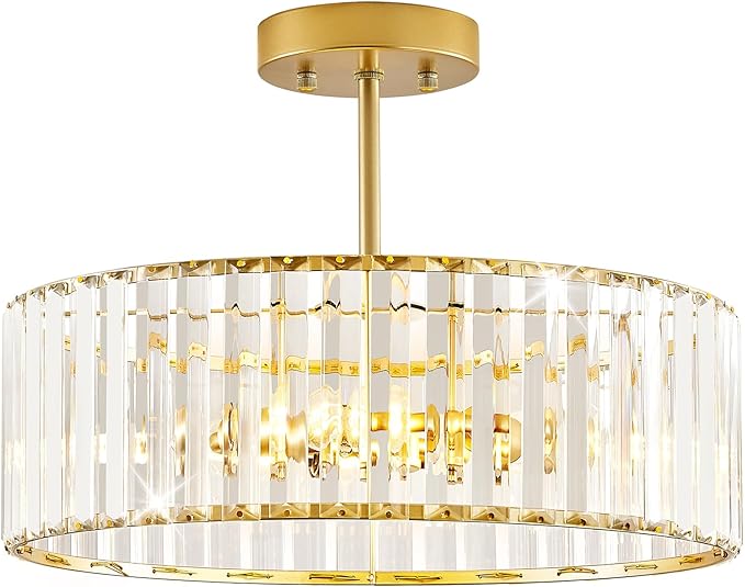 YURNYQ Glod Crystal Ceiling Light Fixture, Modern Semi Flush Chandelier, Round Hanging Lighting Chandeliers for Dining Room, Kitchen, Bedroom, 3-Light, 15.74 Inch