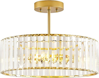 YURNYQ Glod Crystal Ceiling Light Fixture, Modern Semi Flush Chandelier, Round Hanging Lighting Chandeliers for Dining Room, Kitchen, Bedroom, 3-Light, 15.74 Inch
