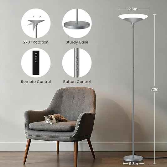 SIBRILLE Silver Torchiere Floor Lamp - 30W Dimmable LED Standing Lamp with Remote/Button Control, 1800Lm, 3000-6500K, 72in Bright Standing Pole Light for Living Room Bedroom Office Corner