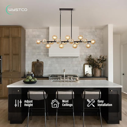 56 Inch Black Linear Chandeliers for Dining Room, Kitchen Island, Living Room, 16-Light Mid Century Modern Light Fixture Over Table, Large Amber Glass Globe Sputnik Bubble Chandelier