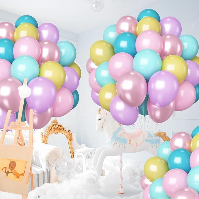 HILAVO Pastel Balloons 60 Pcs Metallic Pink Purple Teal Blue Yellow Multicolor Latex Balloon Macaron Rainbow Pastel Color Party Balloons for Girls Birthday Baby Shower Bridal Wedding Party Decorations