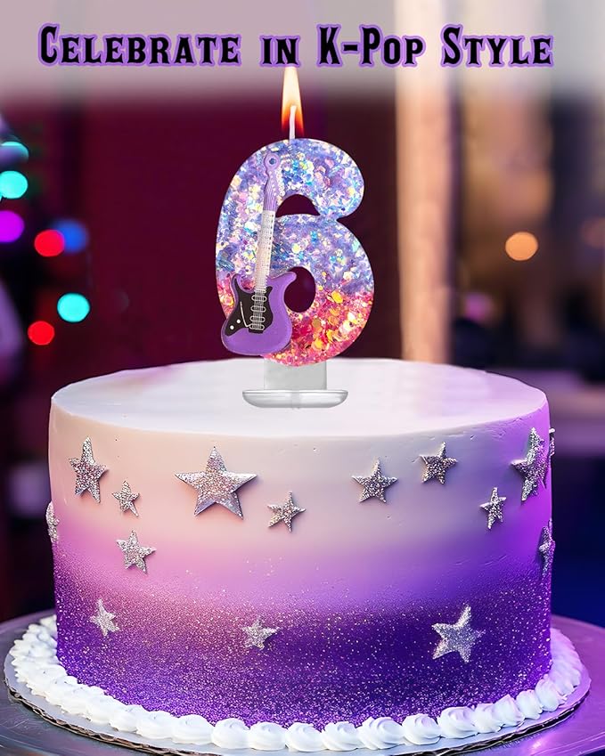 K-Pop Birthday Candle – Purple & Pink Glitter Music Theme Cake Candle with Guitar, Musical Party Decor for Girls, Teens, Kpop Fans (6)