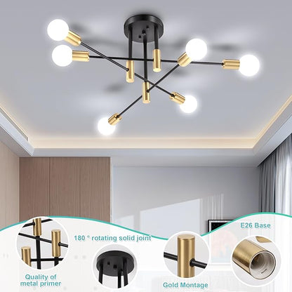CANMEIJIA Sputnik Chandelier Modern Ceiling Light Fixture with 6 Lights Black Gold Mid Century Mount Ceiling Lights Fixture for Bedroom, Dining Room, Living Room, Kitchen, E26 Base, Bulbs Not Included