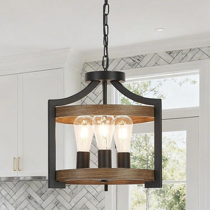 3-Light Farmhouse Chandelier, 14.17" Black Metal Faux Wood Pendant Light Fixtures, Hanging or Semi Flush Mount Rustic Chandelier for Dining Room, Foyer, Living Room, Kitchen