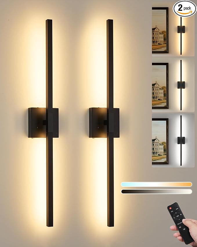 8000mAh Battery Operated Wall Sconce Set of 2, 3000K-6000K Dimmable Rechargeable Cordless Wall Sconces with Remote Control, Modern LED Wall Light with Timer Function for Living Room, 32 Inch Black