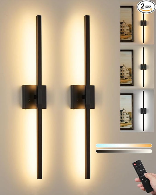 Rayogale 40 Inch 8000mAh Rechargeable Battery Operated Wall Sconce Set of Two, Cordless, 3000K/4500K/6000K, Dimmable, Timer, Remote, Touch Control, USB-C Charging, 360° Rotation for Living Room Black