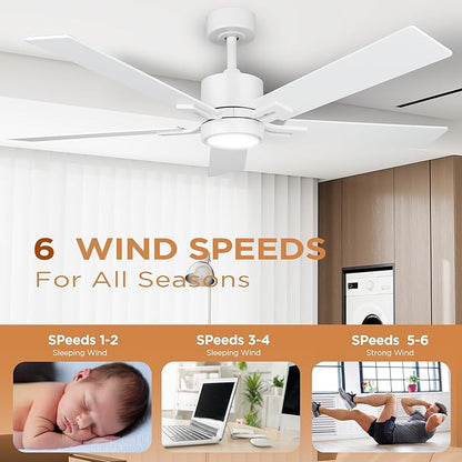 Ceiling Fan with Light Remote: 52 inch Modern Bedroom Fans with Dimmable Tri-Color Temperatures LED - Quiet Reversible DC Motor - Indoor Home Use (Matte White-5, 52 Inch)