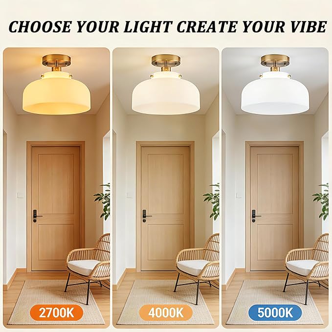 Semi Flush Mount Ceiling Light Fixture, 11.7 Inch Copper Finish with Milk Glass Schoolhouse Style for Kitchen Hallway Entryway