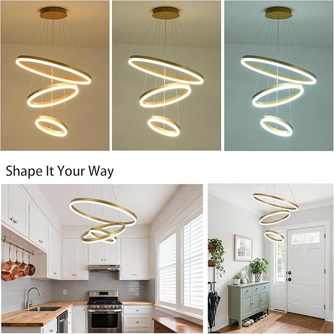 3 Rings Modern LED Chandelier Gold High Ceiling Ring Chandeliers with Remote Control Circular Pendant Light Dimmable for Dining Room Living Room Bedroom Foyer Entryway 3000K-6500K