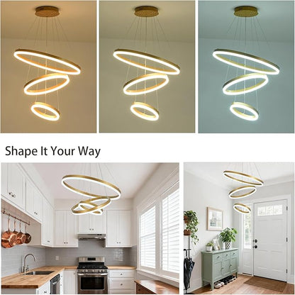 3 Rings Modern LED Chandelier Gold High Ceiling Ring Chandeliers with Remote Control Circular Pendant Light Dimmable for Dining Room Living Room Bedroom Foyer Entryway 3000K-6500K