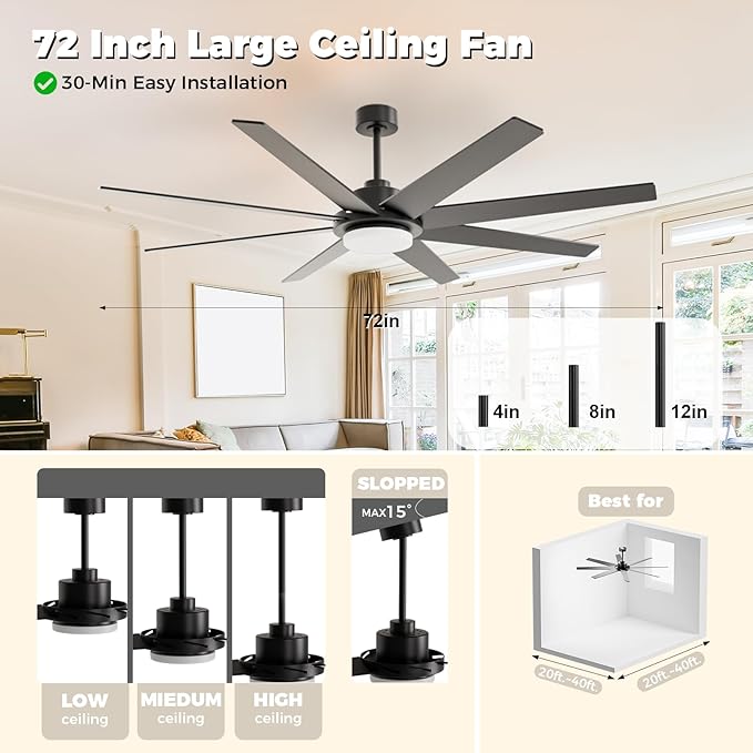 72 Inch Ceiling Fan with Light and Remote Smart App, 8-Blade Large Ceiling Fan for Living Room Patio, Quiet DC Motor Natural Breeze Circulation, Wobble-Free Heavy Duty, 3CCT Dimmable, Black Modern Fan