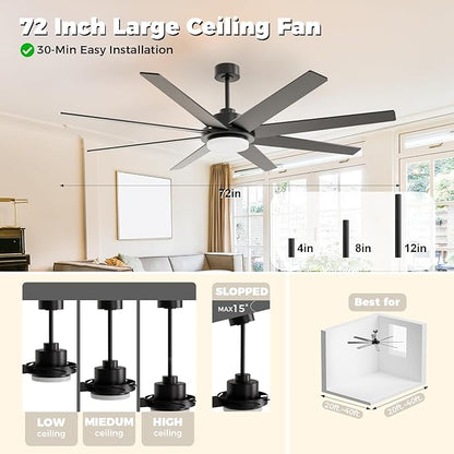 72 Inch Ceiling Fan with Light and Remote Smart App, 8-Blade Large Ceiling Fan for Living Room Patio, Quiet DC Motor Natural Breeze Circulation, Wobble-Free Heavy Duty, 3CCT Dimmable, Black Modern Fan