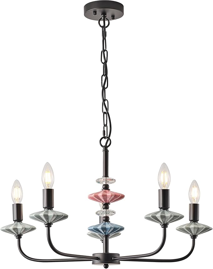 Black Chandeliers for Dining Room Light Fixture Over Table,5-Light Art Deco Chandelier, Modern Retro Candle Chandelier with Ceramic,Farmhouse Chandelier for Girls Bedroom，Living Room，Foyer
