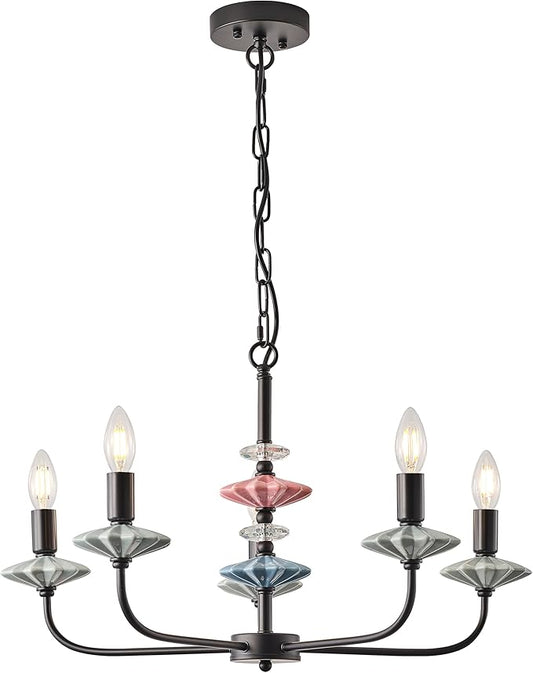 Black Chandeliers for Dining Room Light Fixture Over Table,5-Light Art Deco Chandelier, Modern Retro Candle Chandelier with Ceramic,Farmhouse Chandelier for Girls Bedroom，Living Room，Foyer