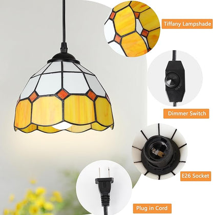 HuisMier Tiffany Plug in Pendant Light, Dimmable Mini Hanging Light with Plug in Cord and On Off Dimmer Switch, 15 Ft Vintage Stained Glass Swag Lamp for Dining Room Restaurant Bedroom, 7.9" Width