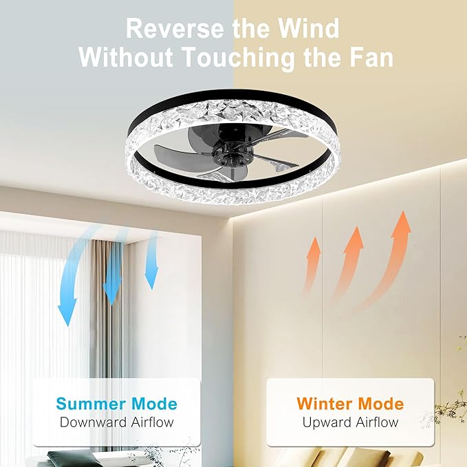 DAMINY 20inch White Ceiling Fans with Lights and Remote, 6CCT, Dimmable Smart Low Profile Ceiling Fan with Light, 6 Speeds Flush Mount Modern Bladeless Ceiling Fan for Bedroom