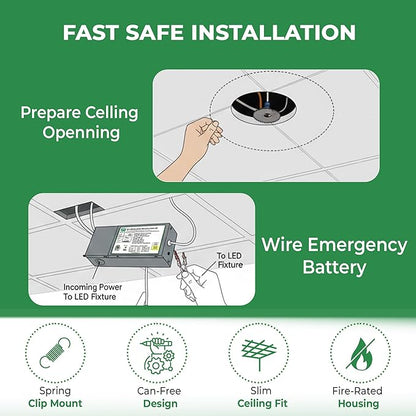 E2 LIGHTING 4" Down Light with Battery Backup (2Hrs Fire-Rated), 5CCT Tunable 2700K–5000K, 9W 100–277V Triac Dimmable 800Lm, 90 CRI LED Ceiling Light for Indoor Commercial and Residential