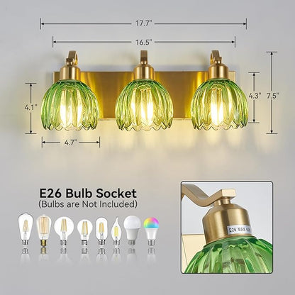 3-Light Vanity Lights with Green Tulip Glass Shade, Gold Bathroom Lighting Fixture Over Mirror, Vintage Vanity Wall Sconce Lamp for Kitchen Living Room Hallway