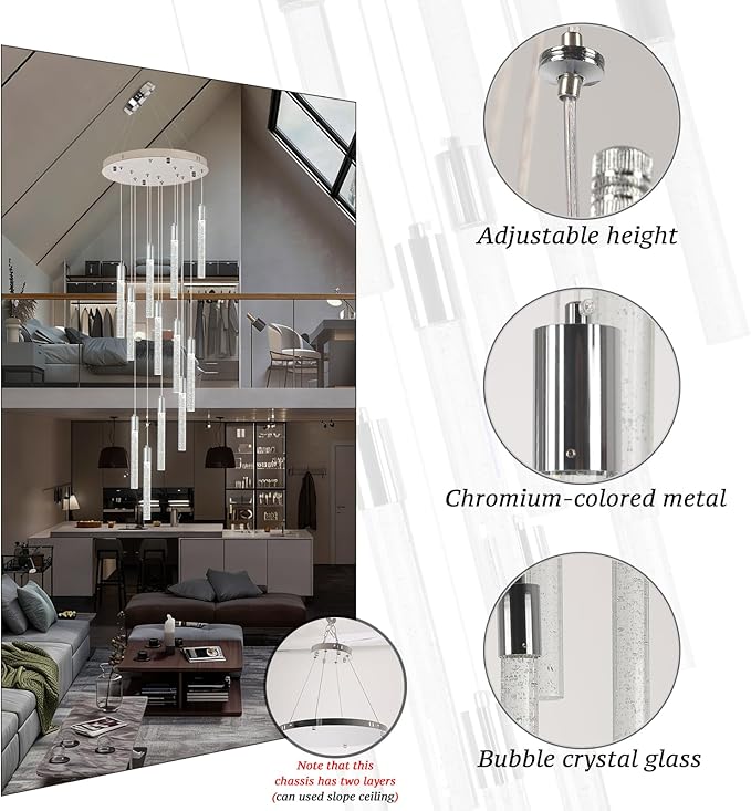 12-Light Chrome Bubble Crystal Chandelier, Cool White Spiral Staircase Pendant for High Ceilings Sloped Ceiling Compatible Canopy Adjustable Hanging Height Hardwired Foyer Entryway