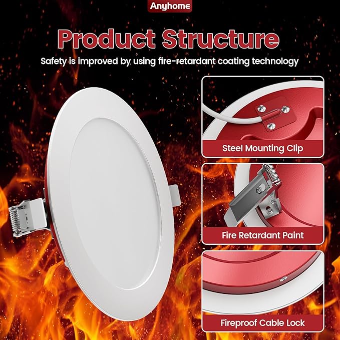12 Pack 6 Inch Fire Rated Led Recessed Light with Junction Box, 2 Hour Fire Rating,5CCT Selectable Led Ultra Thin Recessed Lighting,12W 1000LM CRI90,Dimmable Led Wafer Light,ETL& ES