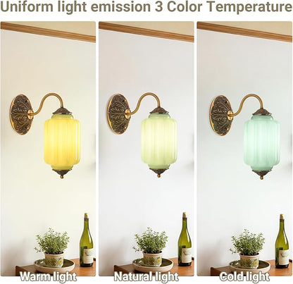 LOUSACE Antique Gold Wall Sconce with Green Milk Glass Shade, Vintage Brass Wall Light Fixture, Mid Century Restro Bathroom Vanity Light, Indoor Lighting for Bedroom Living Room Hallway